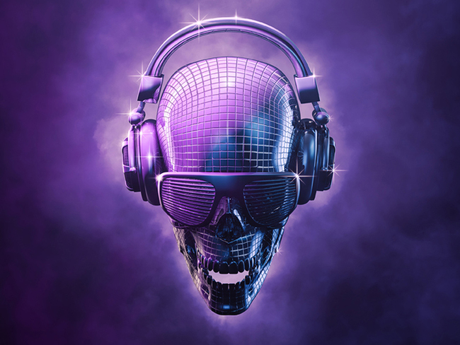 3D illustration of skull shaped disco mirror ball with headphones and shaded glasses
